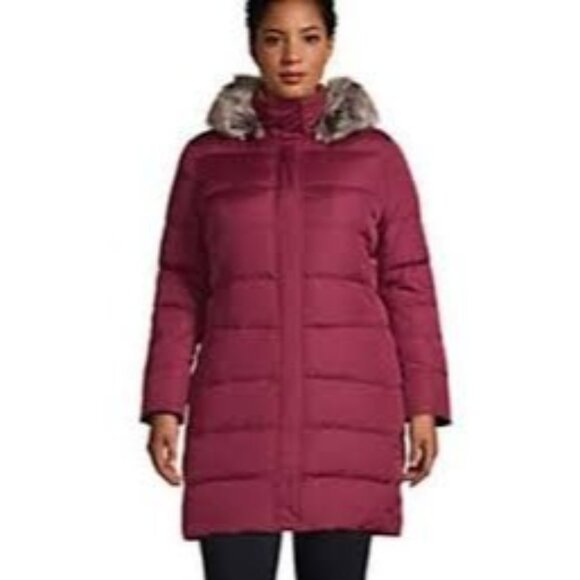 Land End Jackets & Blazers - NWOT Lands End Winter Long Down Faux Fur Hood Coat Jacket Deep Claret Large NWOT